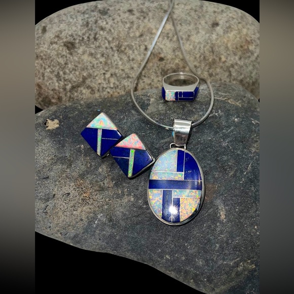 Navajo Sterling Lapis Opal Mosaic Inlay Necklace Earrings Ring Jewelry Set - Picture 1 of 9